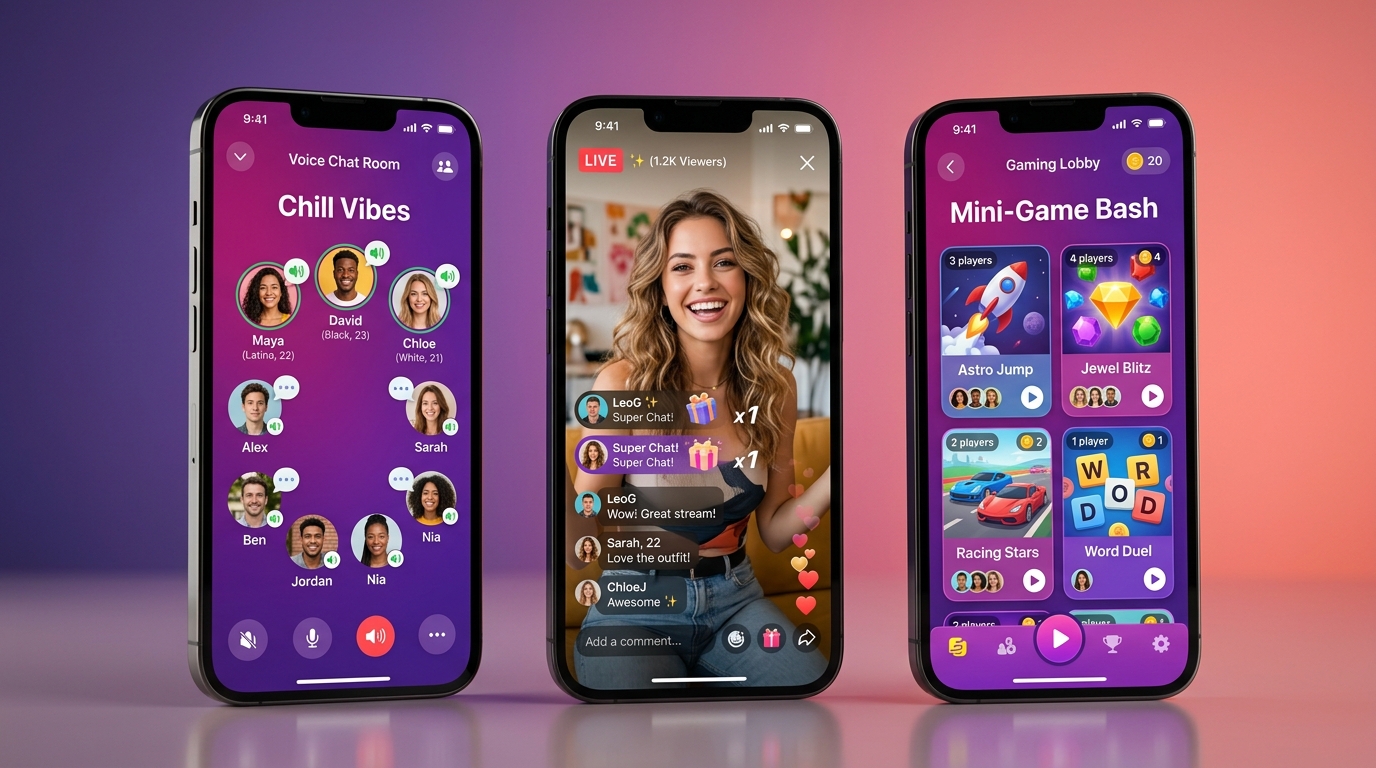 Vibbi App Screens: Voice, Live Video & Games